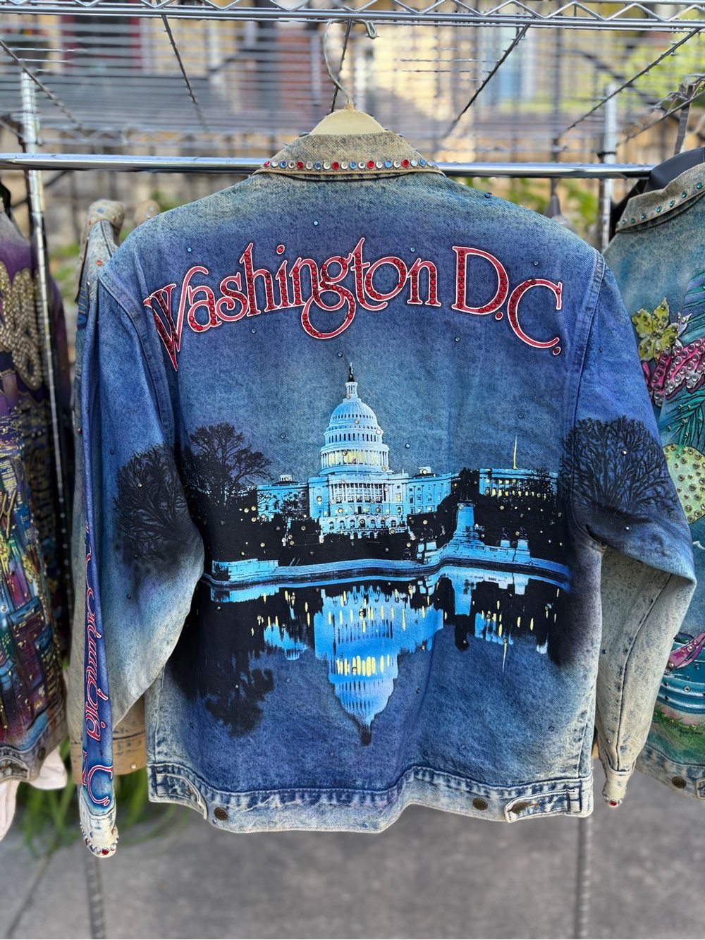 Vintage Tony Alamo 1987 Washington DC Hand Painted Bedazzled Denim Jacket Large